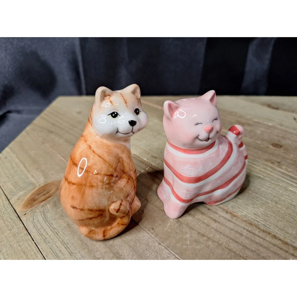 Orange Tabby and Pink Striped Fish Ceramic Cat Salt and Pepper Shaker Set